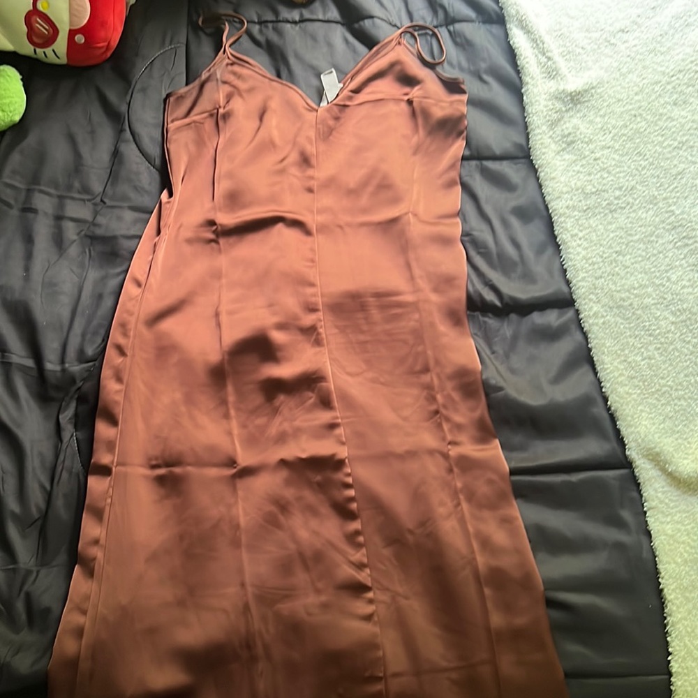Brown Satin Midi Dress